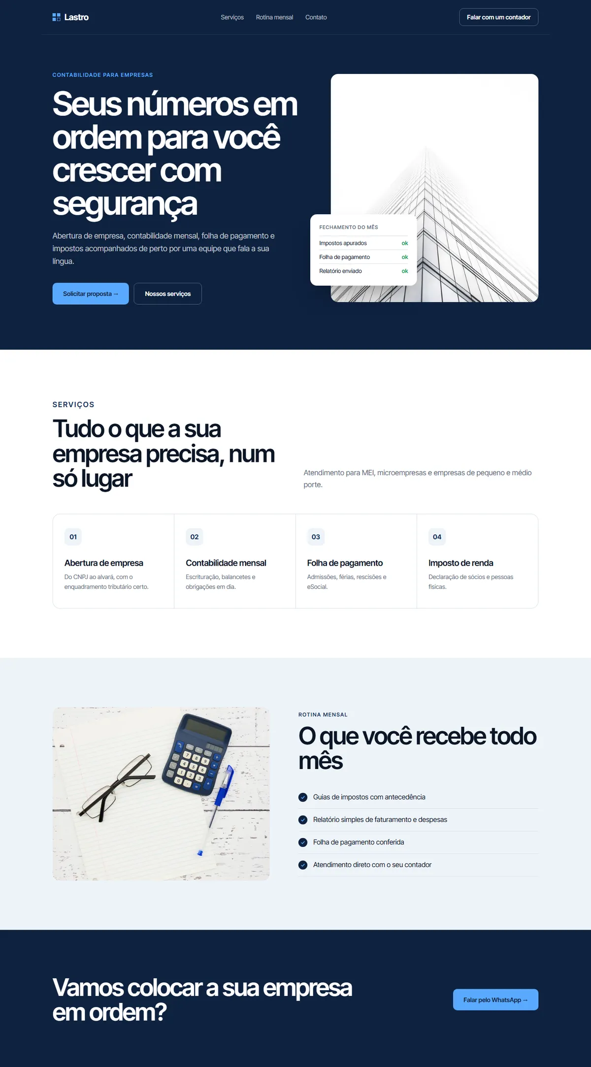Página inicial do site Lastro Contabilidade no computador